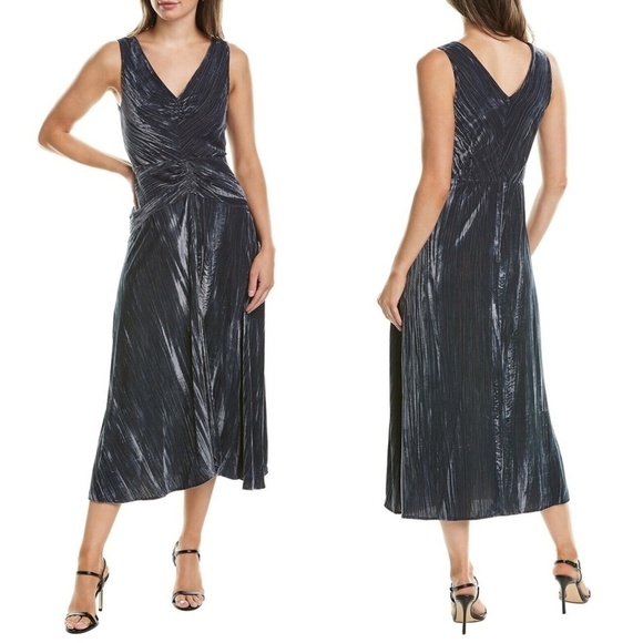 NWT Vince Ruched Textured Velvet Sleeveless Midi Dress in Azure Sz. 10